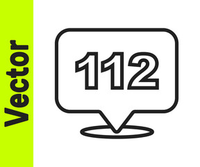 Black line Telephone with emergency call 112 icon isolated on white background. Police, ambulance, fire department, call, phone. Vector