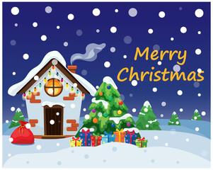 Obraz na płótnie Canvas Merry Christmas. Christmas card with a fairy house, fir trees, gift boxes, snow. Colorful vector illustration in flat style.