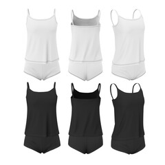 3d realistic mock up clothes isolated on white background. Women's simple tank top and briefs in black and white color.