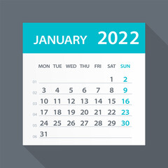 January 2022 Calendar Leaf - Vector Illustration. Week starts on Monday