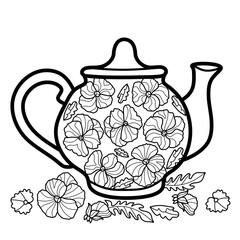 Coloring antistress page for adults 
and children. Teapot and pansies.
