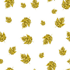 Happy Thanksgiving card. Gold leaves on white background. Cute autumn seamless pattern. Design for greeting card and invitation of seasonal fall holidays, halloween, Give thanks, autumn
