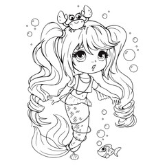 Cute little mermaid with a crab on her head coloring book. Coloring book for girls with a beautiful little mermaid. Vector line illustration in cartoon childish style. Isolated clipart on white