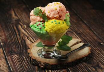 Ice cream scoops in an ice cream bowl