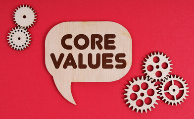 On a red background, gears and a thought plate with the inscription - Core Values
