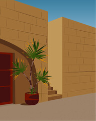 Digital illustration interior landscape of a villa for vacation tourists in summer in the tropics on the island