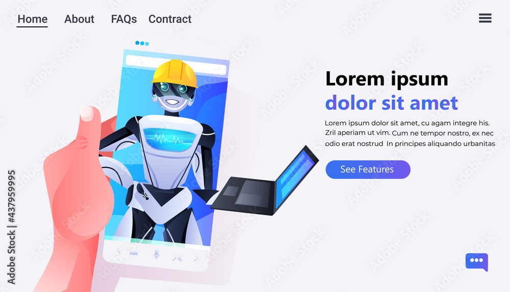 Poster hand using smartphone with robot engineer in helmet using laptop modern robotic character artificial