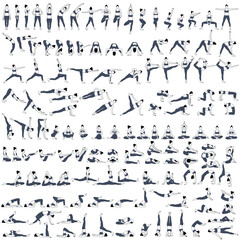 Set of vector silhouettes of woman doing yoga exercises.  Icons of girl stretching and relaxing her body in many different yoga poses. Black shapes of woman isolated on white background. Yoga complex.