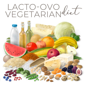 Nutrition concept for Lacto Ovo Vegetarian diet. Healthy food ingredients for cooking. Hand drawn illustration.