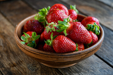 Strawberries in earthenware on an old wooden table. Cooking in the kitchen.