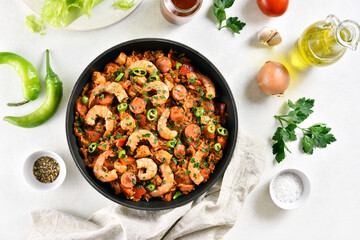 Creole jambalaya with chicken, smoked sausages and vegetables