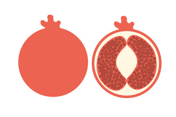 A whole pomegranate and a piece of pomegranate on an isolated white background. Flat vector illustration.