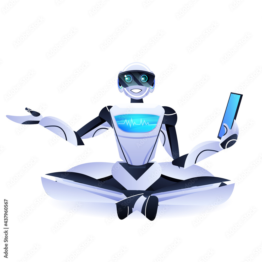Poster modern robot sitting lotus pose robotic character using tablet pc artificial intelligence technology