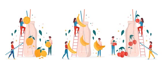 Concept for summer party, people drink and prepare watermelon juice in bottle with fruits and lemon. Vegan fruit and healthy detox cocktails. drinks, vitamin ice shakes for  bar. Vector trendy.