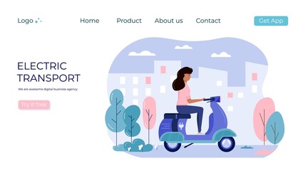 women drive eco city transportation in city concept. Personal electric transport, green electro scooter. Ecological vehicle.