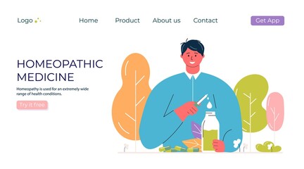Cartoon people prepared organic natural homeopathic pills in glass jars. Homeopathy treatment banner, landing page, herbal alternative medicine, pharmacy, food supplement. flat vector.