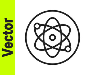 Black line Atom icon isolated on white background. Symbol of science, education, nuclear physics, scientific research. Vector