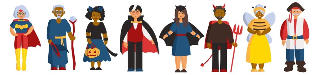 Different people in Halloween costumes Elderly and young people in fancy dress Cartoon illustration