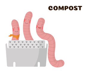 happy cartoon worms with pink cheeks populate a new house made of plastic containers. home composting konepia. organic farming. disposal of organic waste with worms