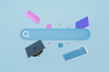Graduation cap and book search bar Education online concept. blue background minimal style Find learning or stories for banner website application page template. 3d rendering