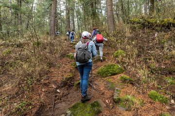 Group of tourists hiking and climbing to the top of El Pinal volcanic mountain in Puebla, Mexico