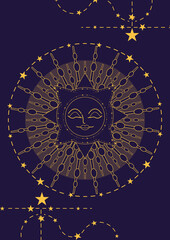 Magic banner for astrology, tarot cards, boho design. Universe with the sun  surrounded by stars on a dark blue background. Esoteric vector illustration, pattern. EPS10
