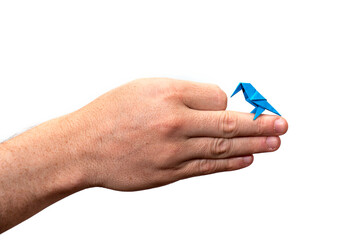 Hand holds an Origami bird made of colored paper isolated on white background