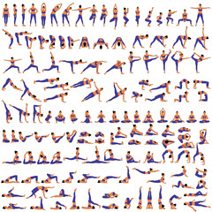 Big set of vector silhouettes of woman doing yoga exercises. Colored icons of a girl in many different yoga poses isolated on white background. Yoga complex. Fitness workout. - obrazy, fototapety, plakaty