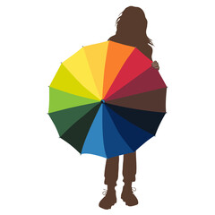 Vector silhouette of a young girl with developing hair, in front of a girl the dome of a large multicolor umbrella, female silhouette isolated on a white background