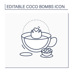 Coco bomb line icon. Delicious dessert. Cute ball of chocolate with marshmallows filling inside. Bomb inside cup. Chocolate sweet.Isolated vector illustration.Editable stroke