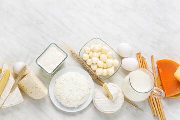 Different dairy products and chicken eggs on light background