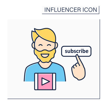 Influencer color icon. Man creates content on online video platform. Free video sharing for subscribers. Blogging concept. Isolated vector illustration