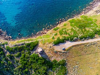 Aerial view of Torre Foghe by the sea at dusk