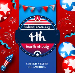 Fourth of July Independence Day.4th july, Vector illustration greeting card with brush stroke background in United States national flag 