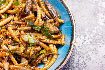 gebratene Mehlwürmer und Grillen mit Lauchzwiebeln