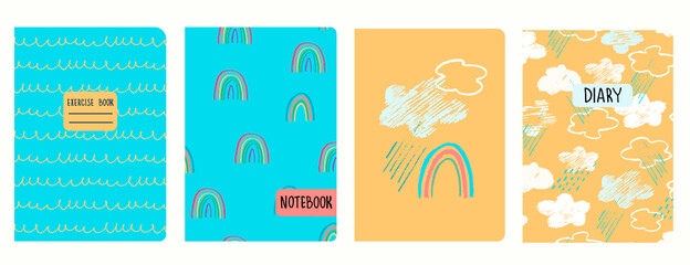 Cover page templates with sky, clouds, rainbows and squiggly lines imitating school cursive handwriting. Childs drawing style. Headers isolated, replaceable. Perfect for notebooks, notepads, diaries