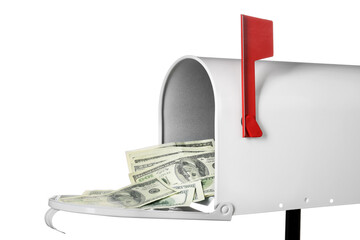 Mail box with money on white background