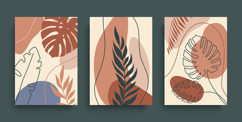 Fototapeta na wymiar Tropical leaves wall art vector set. Abstract plant art in earth tone with geometrical shapes. Minimal botanical design for card, poster, cover, wallpaper