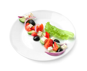 Plate with tasty Greek salad on white background