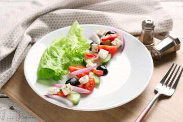 Plate of tasty Greek salad on wooden table