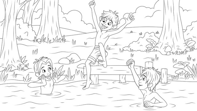 Vector illustration, friends teenagers have fun bathing in nature in a pond in summer
