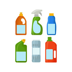 cleaning products in plastic bottles on a white background. the concept of cleaning and maintaining cleanliness