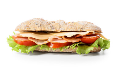 Tasty ciabatta sandwich on white background