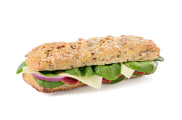 Tasty ciabatta sandwich on white background