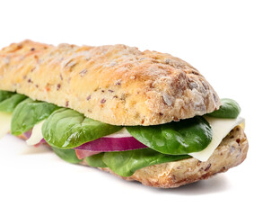 Tasty ciabatta sandwich on white background