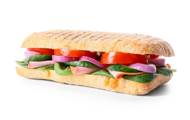 Tasty ciabatta sandwich on white background