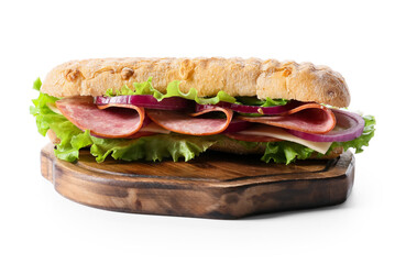 Board with tasty ciabatta sandwich on white background
