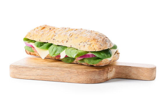 Board with tasty ciabatta sandwich on white background