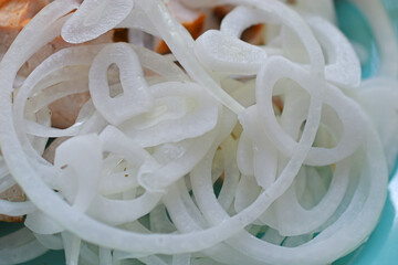 White delicious sliced pickled onion close up