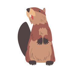 Cute Funny Brown Beaver Standing on its Hind Legs, Wild Rodent Animal Cartoon Vector Illustration